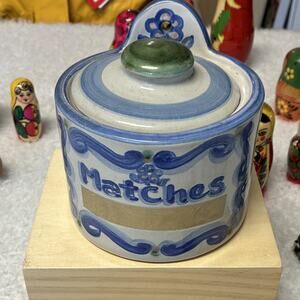 MA Hadley Ceramic Matches Canister Jar w/ Lid Floral Blue White Green 5"Hanging
